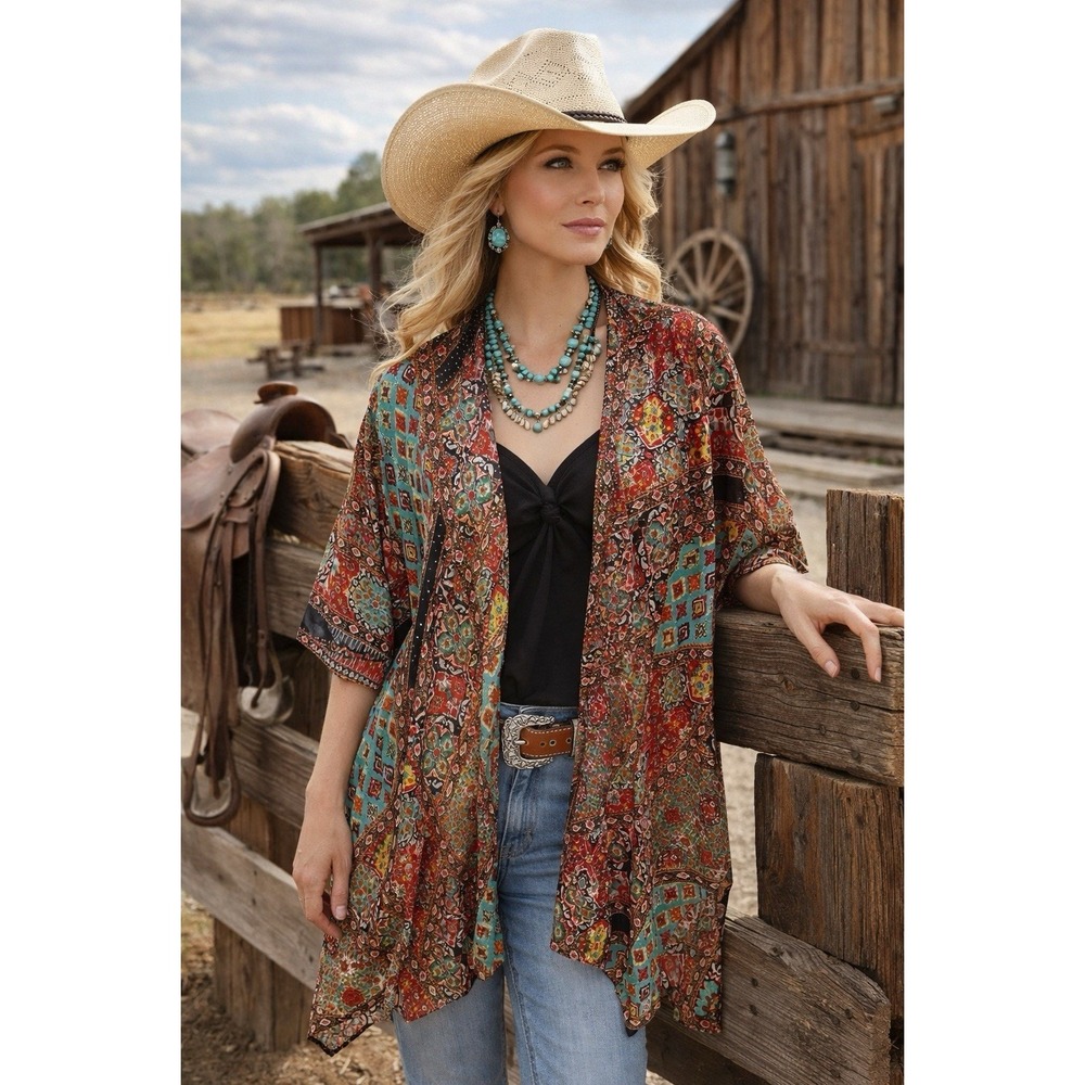 Jessica McClintock Kimono Duster Cardigan‎ Womens M Beaded Rhinestones Boho Glam